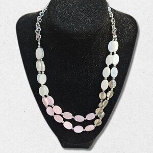 Mother of Pearl Beads Necklace Double Strand Silver Tone Chain White/Pink W OS